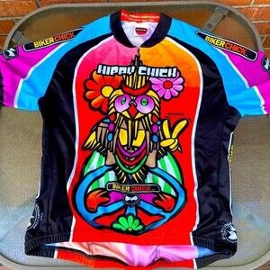HIPPIE Biker CHICK Cycling Short Sleeve 3/4 Zip Worlds Jersey Owl Peace Colorful
